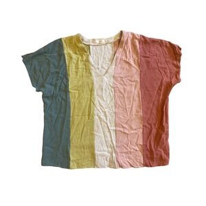 ENTRO Color Block V Neck Short Sleeve Top Women 2X Linen Cotton Stripes Boho